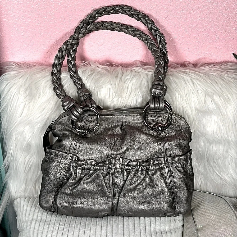 B. MAKOWSKI Pebbled Leather Hobo Bag A211928 Grey Pockets Braided Straps Classic